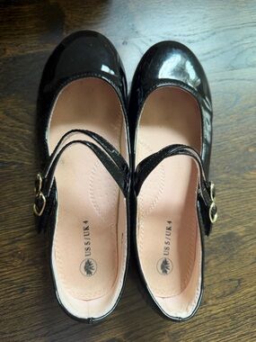 Black Patent Mary Jane Flats with Gold Velcros Buckles